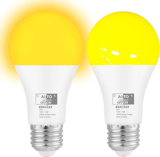 Dusk to Dawn Bug Light Bulbs Outdoor, 1900K Amber Yellow, 800 Lumen, LED 12W, A19 E26, 2-Pack, HQ-H019