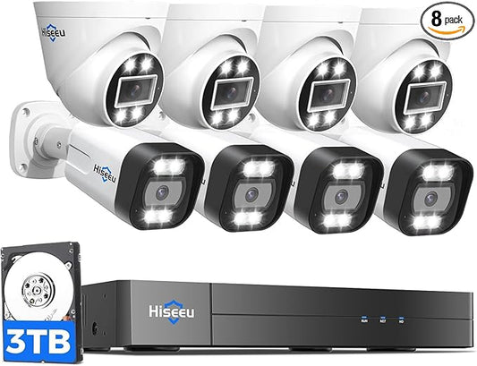 [121° Wide Angle+2-Way Audio] Hiseeu 4K Security Camera System,8pcs 5MP PoE Security Cameras Wired Outdoor,Human Vehicle Detect,Color Night Vision,NVR 16CH Expandable w/3TB HDD for 24/7 Record