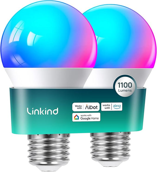 Linkind Smart Light Bulbs, 1100LM (75W Equivalent) Smart Bulb, Work with Alexa & Google Home, RGBTW Color Changing Bulbs Music Sync, 2.4GHz Wi-Fi & Bluetooth, LED Alexa Light Bulbs 11W, A19 E26, 2Pack