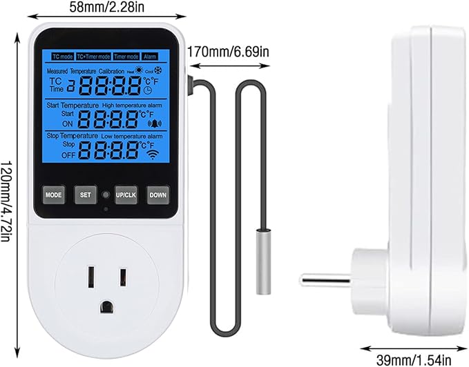 Digital Day Night Thermostat Outlet Plug with Timer, Heating Cooling Multi Period Temperature Controller, LCD Screen Outlet Socket for Reptile Incubator Greenhouse Brewing Refrigerator 110V
