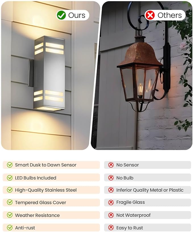 SHIMR Dusk to Dawn Outdoor Wall Light, Up Down Stainless Steel Exterior Wall Sconce with Photocell Sensor, 3000K Warm LED Bulbs Included, Waterproof Modern Outdoor Lights for House Garage Porch Patio
