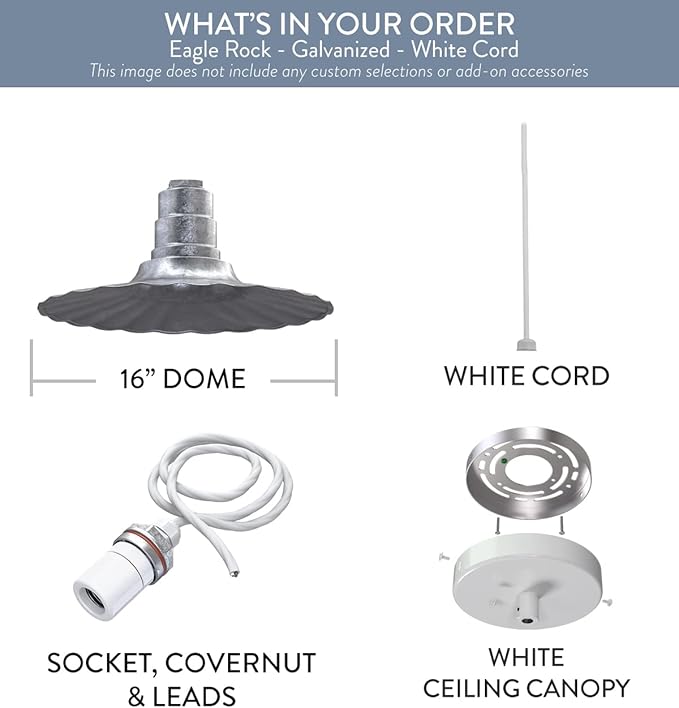 Steel Lighting Co. Eagle Rock Pendant | Ceiling Mounted Light | 16 inch Radial Wave | White Cord | Heavy Duty Steel Retro Farmhouse Style Made in America | Galvanized Exterior/Galvanized Interior