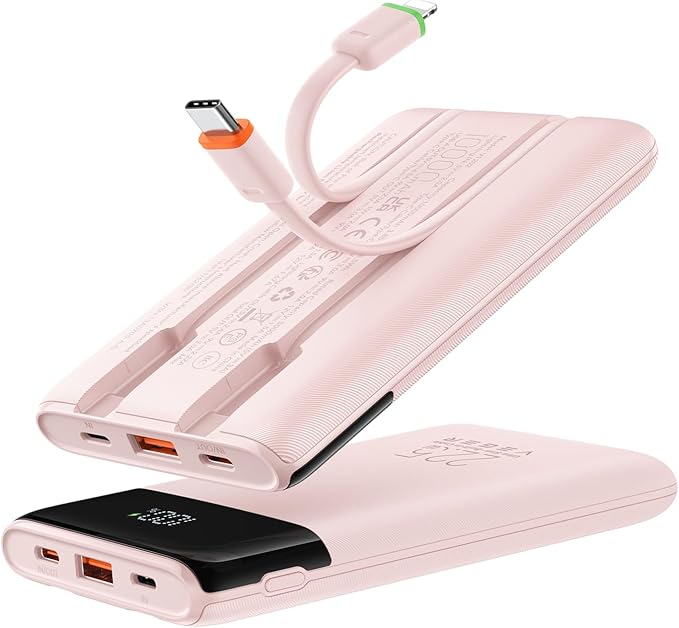 VEGER 10000mAh Portable Charger with 2 Built-in Cables, PD 22.5W Fast Charging USB C Power Bank, 4 Outputs 3 Inputs Slim Battery Pack Compatible with iPhone, Samsung, iPad, Android - Travel Essential