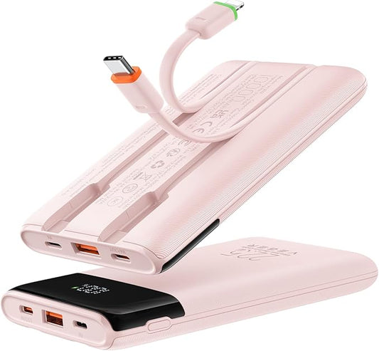 VEGER 10000mAh Portable Charger with 2 Built-in Cables, PD 22.5W Fast Charging USB C Power Bank, 4 Outputs 3 Inputs Slim Battery Pack Compatible with iPhone, Samsung, iPad, Android - Travel Essential