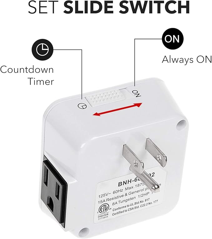 BN-LINK 12 Hour Indoor Mechanical Accurate Countdown Timer, 3-Prong Grounded Outlet, 15 Minute Increments, Energy Saving for Kitchen, Phone Charger, Lamps, Holiday Decoration 1875W, 1/2 HP, ETL Listed