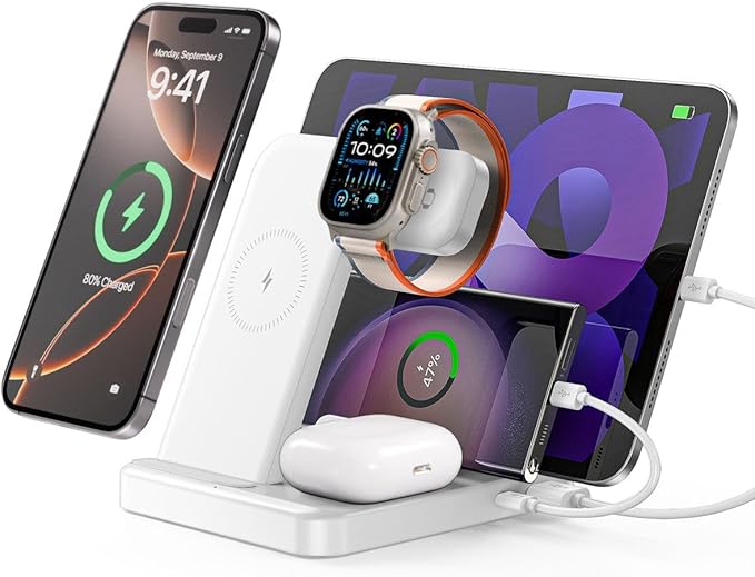 Multiple Devices Charging Station, 5-in-1 Charging Station for iPhone 16e/16 Pro Max/Pro/Plus/15/14/13/12, iPad Pro/Air/Mini, Apple Watch and Airpods,Wireless Charging Dock(G805) (White)