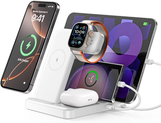 Multiple Devices Charging Station, 5-in-1 Charging Station for iPhone 16e/16 Pro Max/Pro/Plus/15/14/13/12, iPad Pro/Air/Mini, Apple Watch and Airpods,Wireless Charging Dock(G805) (White)