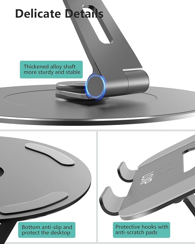 Ultra-Stable Aluminumy Swivel Laptop Stand for Desk with Rotating Foldable Phone Holder, 300% Large Base Stability, Anti-Loosening,Suitable for 10"-17.3" Laptops,Gray