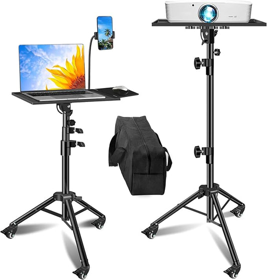 Projector Stand with Wheels, Laptop Tripod from 29" to 69" with Mouse Tray, Adjustable Height DJ Racks Stands with Gooseneck Phone Holder, for Office, Home, Stage, Studio, 1 Pack Black