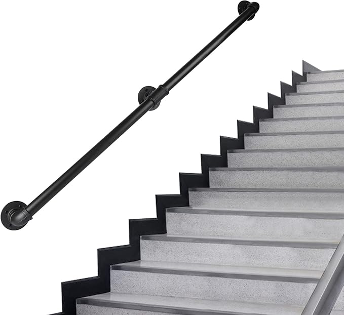 Pipe Stair Handrail, 6.6 Ft Metal Staircase Handrail, Black Galvanized Industrial Iron Hand Rail for Indoor & Outdoor Wall Mount Support, Wall Hand Railing,Safety Handle, Steps Baluster(HR04)