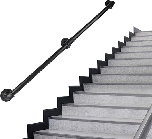 Pipe Stair Handrail, 5 Ft Metal Staircase Handrail, Black Galvanized Industrial Iron Hand Rail for Indoor & Outdoor Wall Mount Support, Wall Hand Railing,Safety Handle, Steps Baluster(HR03)