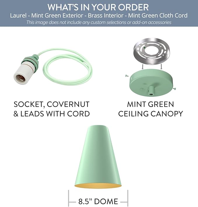 Steel Lighting Co. Laurel Pendant Light | Ceiling Mounted | 8.5 inch Cone Shade | Modern Contemporary Farmhouse Style Made in America | Mint Green Cloth Cord | Mint Green Exterior/Brass Interior
