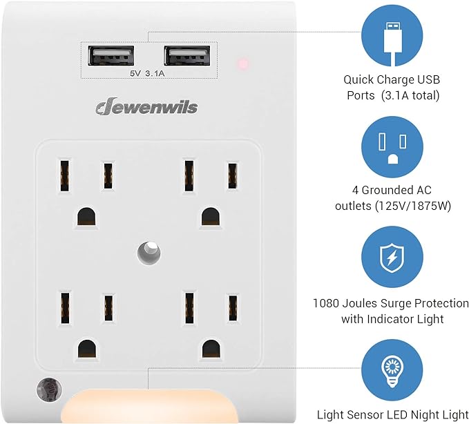 DEWENWILS Multi Plug Outlet 2 Pack, 4-Outlet Extender with 2 USB Ports, Light Sensor Night Light, 1080 Joules Surge Protector, ETL Listed