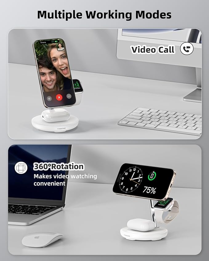 3 in 1 Magnetic Wireless Charger Stand for Apple Devices, TRIBONE Fast Charging Station for iPhone 16/15/14/13/12 Series, Apple Watch, Airpods (White)