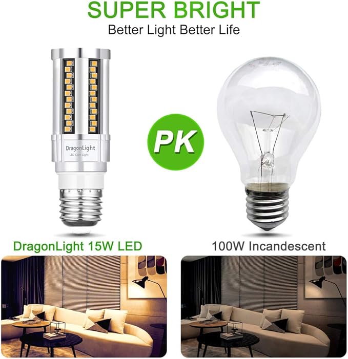 DragonLight 15W Super Bright Corn LED Light Bulbs Fanless(150 Watt Equivalent) - 3000K Warm White 1,800 Lumens E26 Base LED Lamp for Residential and Commercial Lighting, Pack of 4