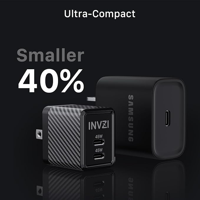 INVZI GaNHub 45W USB C GaN Charger, 2 Ports Foldable PPS Fast Charger Supports Super Fast Charging for Samsung Galaxy S24 Ultra/S23, iPhone 16/15, iPad Pro, Pixel