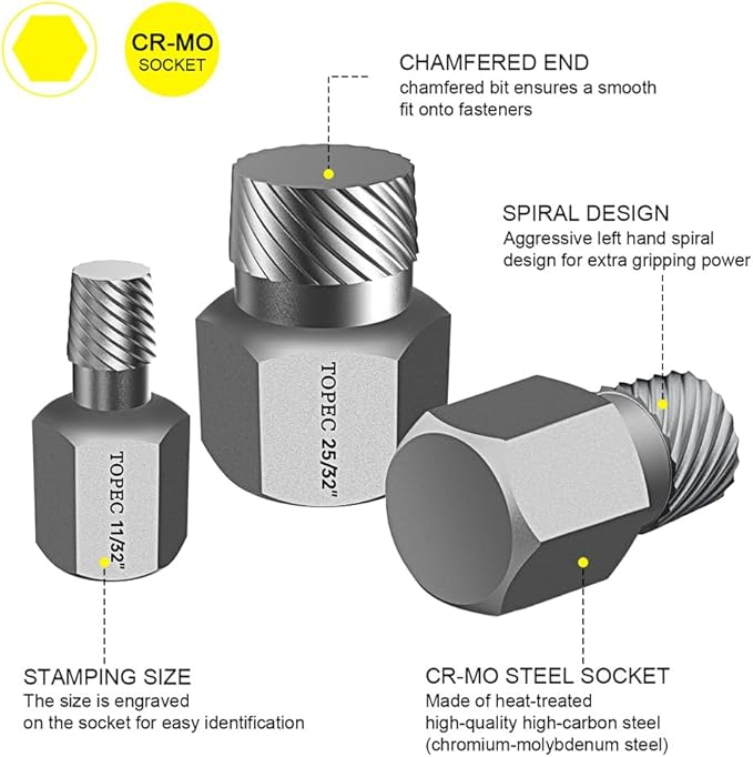 Topec 25Pcs Screw Extractor Set, Hex Head Multi-Spline Easy Out Bolt Extractor Set, Premium CR-MO Steel Rounded Bolt Remover