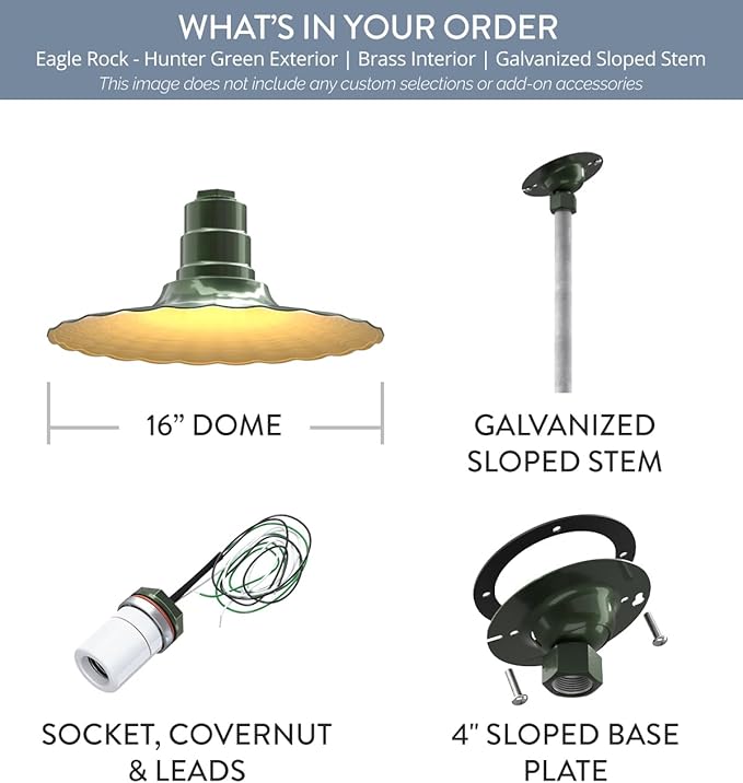 Steel Lighting Co. Eagle Rock Pendant | Ceiling Mounted Light | 16 inch Radial Wave | 12" Sloped Stem | Heavy Duty Steel Retro Farmhouse Style Made in America | Hunter Green Exterior/Brass Interior