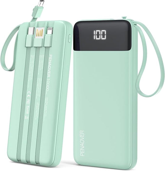 Portable Charger 10000mAh Power Bank with Built-in Cable, 5 Output 2 Input Travel Essential External Battery Pack with LED Display Compatible with iPhone 16/15 Samsung S22 Android,etc