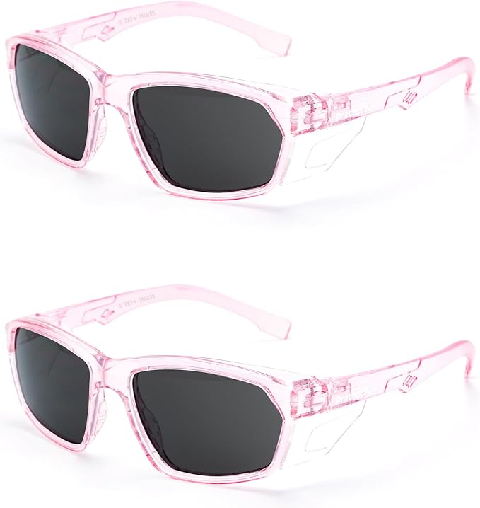ProtectX Stylish Anti-Fog & Scratch-Resistant Safety Glasses With Readers, UV Protection Goggles, Anti-Impact Lightweight Glasses for Men＆Women Pink Tinted Smoke - 2 Pack