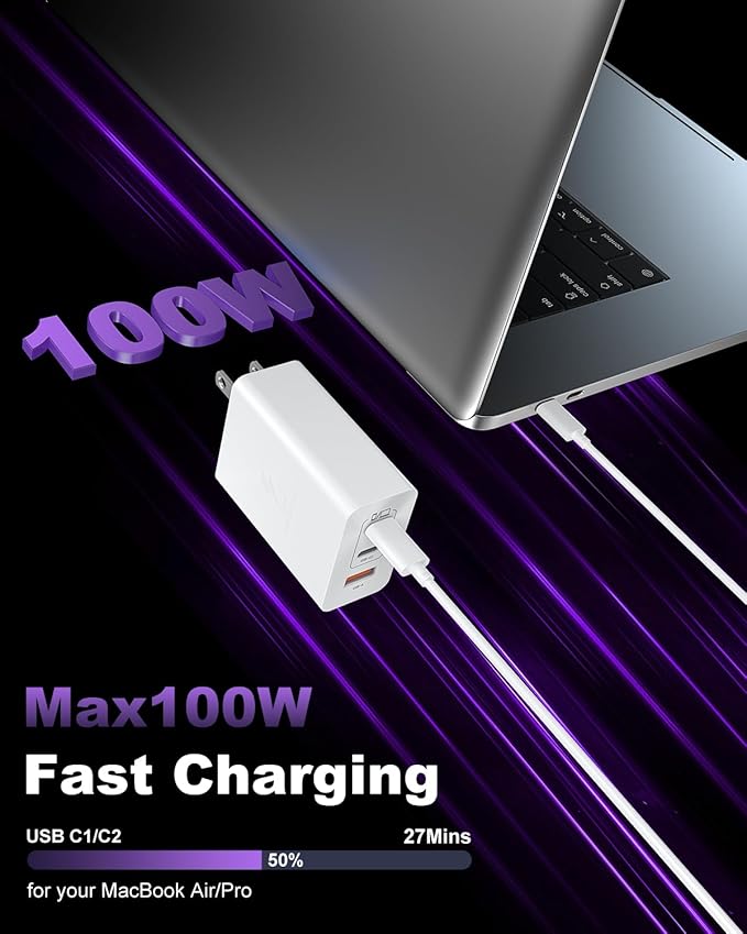 USB C Charger Block 100W, 3-Port GaN Super Fast Charger, Type C Wall Charger Adapter with 6.6ft USB C Charging Cable for MacBook Pro/Air,iPad Pro, i-Phone 16/15Pro, Galaxy S24/S23 and More[2 Pack]