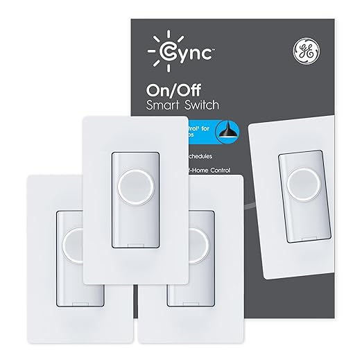 GE CYNC Smart Light Switch On-Off Button Style, Neutral Wire Required, Bluetooth and 2.4 GHz Wi-Fi 4-Wire Switch, Compatible with Alexa and Google Home, White (3 Pack)