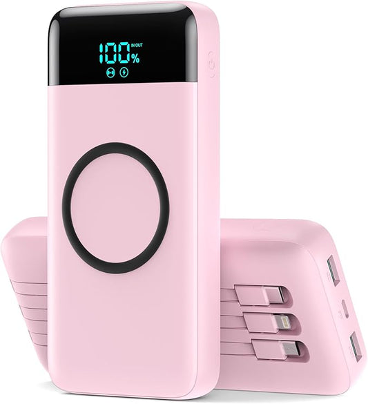 Wireless Portable Charger 40800mAh with 3 Built-in Cables,7-in-1 15W Wireless Charging Power Bank,25W PD QC 4.0 Fast Charging USB C LCD Display Battery Pack for iPhone 16/15/13,Samsung,Android-Pink