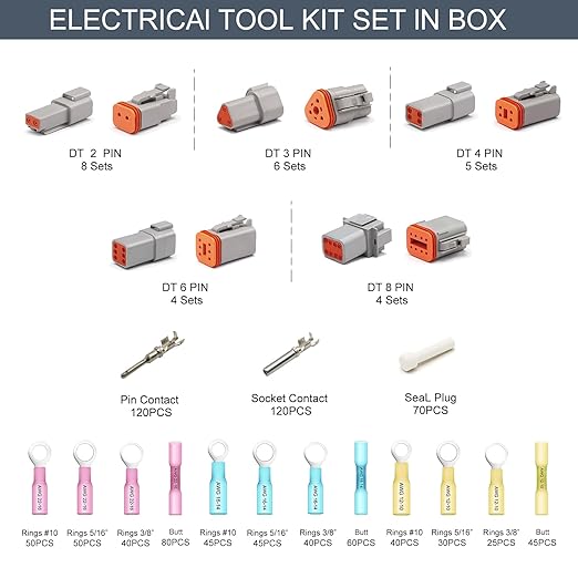 DT Deutsch Connector Kit, 2 3 4 6 8 Pin Grey Waterproof Electrical Connector w/Heat Shrink Wire Connectors, Wire Crimper Stripper Pin Socket Removal Tool for Automotive Motorcycle Truck Marine