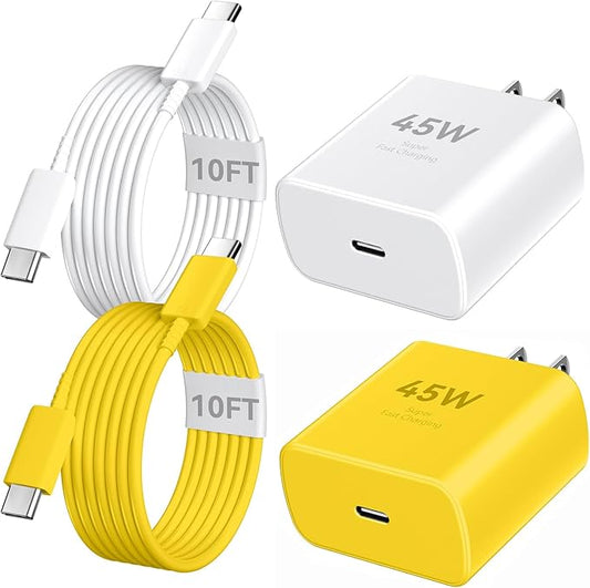 Phone 16 Pro Max Charger Fast Charging, 45W Super Fast USB C Charger Block with 10FT Long Charging Cord Cable for Phone 16 Pro Max/16 Pro/16/16 Plus,15 Pro Max/15 Pro/15,Android Phone-White&Yellow