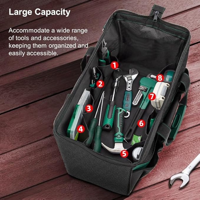Tool Bag Heavy Duty 16.5-Inch with 16 Pockets Portable Handle Adjustable Shoulder Strap Waterproof Wide Mouth Tools Storage Organizer Carry Tote Box for Craftsman Electrician Mechanic (16.5-Inch)