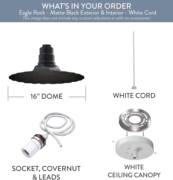 Steel Lighting Co. Eagle Rock Pendant | Ceiling Mounted Light | 16 inch Radial Wave | White Cord | Heavy Duty Steel Retro Farmhouse Style Made in America | Black Exterior/Matte Black Interior