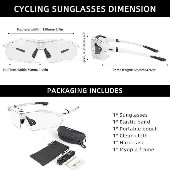 ROCKBROS Pickleball Photochromic Glasses Cycling Glasses with Removable Elasctic & Temple Band Sunglasses Fit for Men Women