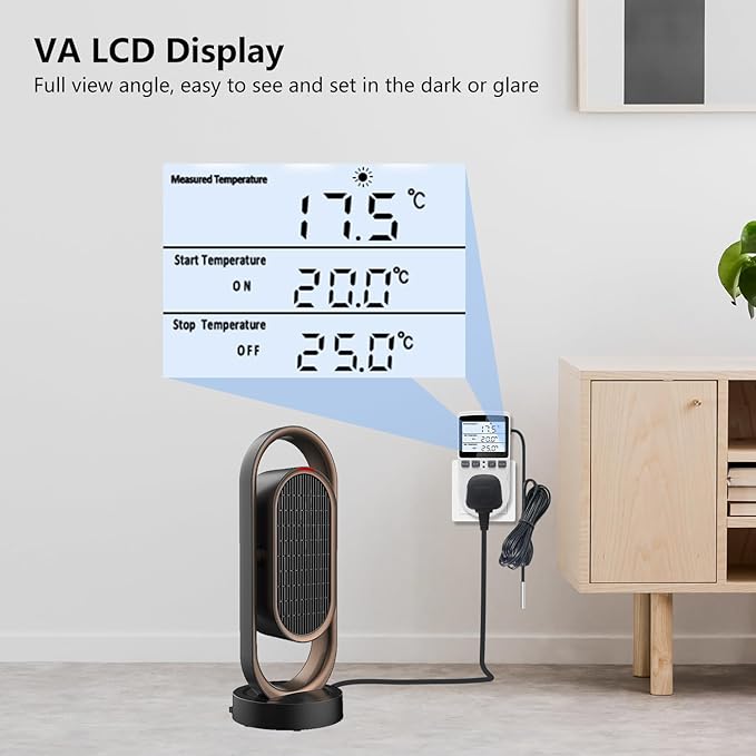 KT3100BL Digital Temperature Controller Outlet Socket VA LCD Display Plug in Thermostat 15A 120V Output with Blue Backlight 3m Temperature Sensor