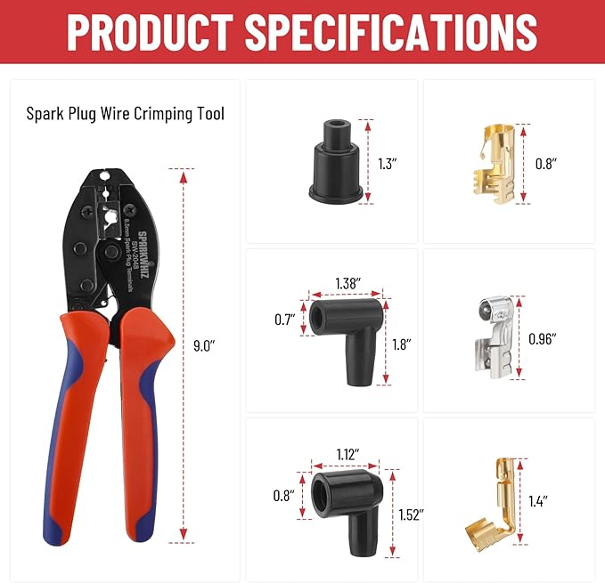 Ratchet Spark Plug Wire Crimping Tool Kit, 24PCS 180 Degree/90 Degree/Straight Spark Plug Coil Terminals & 24PCS Boots, Ratcheting Wire Crimper Diameter 8.5-8m