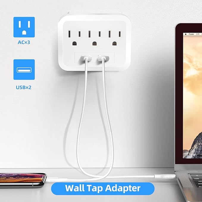 Wall Surge Protector - 3 AC Outlets and 2 USB Ports Power Strip with Premium Protection, Wall Mount Outlet Splitter, Extender Charging Station (White)
