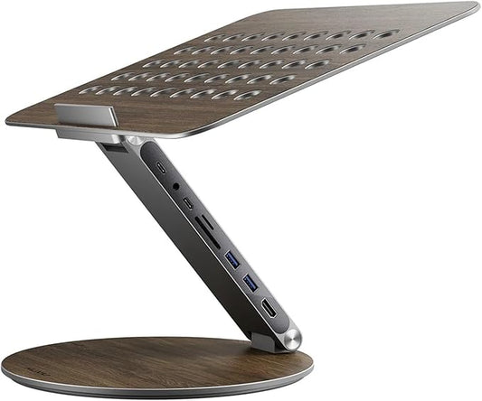 Adjustable Laptop Stand with 7-in-1 Hub, Foldable Portable Aluminum Laptop Riser with 360° Swivel Base for Desk, Ergonomic Computer Notebook Stand Holder for All Laptops 10-17"-Gray (Wooden)