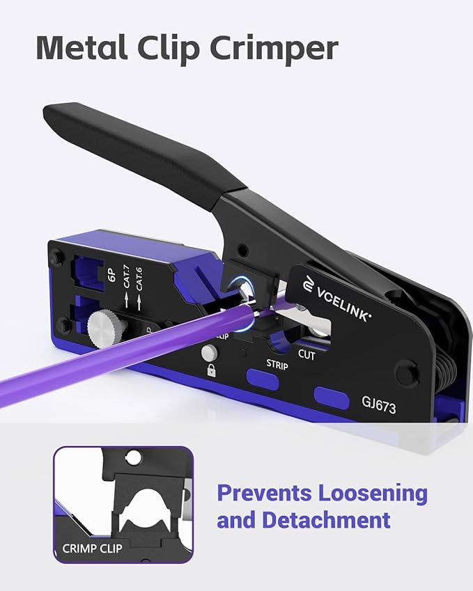 VCELINK RJ45 Crimp Tool, All-In-One Ethernet Crimper for CAT7/CAT6A/CAT6/CAT5E/CAT5, No Screwdriver Needed RJ45 and RJ11/RJ12 Crimping Tool with An Adjustable Knob