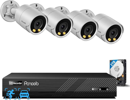 PoE Security Camera System, 4X 5MP Wired Home Bullet IP Cameras Built-in microphone, Human Vehicle Detection, Smart Color Night Vision, 8 Channel 4K NVR 2TB HDD for 24/7 Recording, PB38F0408-5M