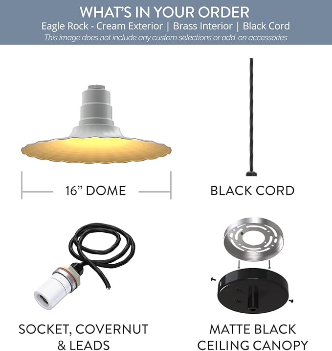 Steel Lighting Co. Eagle Rock Pendant | Ceiling Mounted Light | 16 inch Radial Wave | 4' Black Cord | Heavy Duty Steel Retro Farmhouse Style Made in America | Cream Exterior/Brass Interior