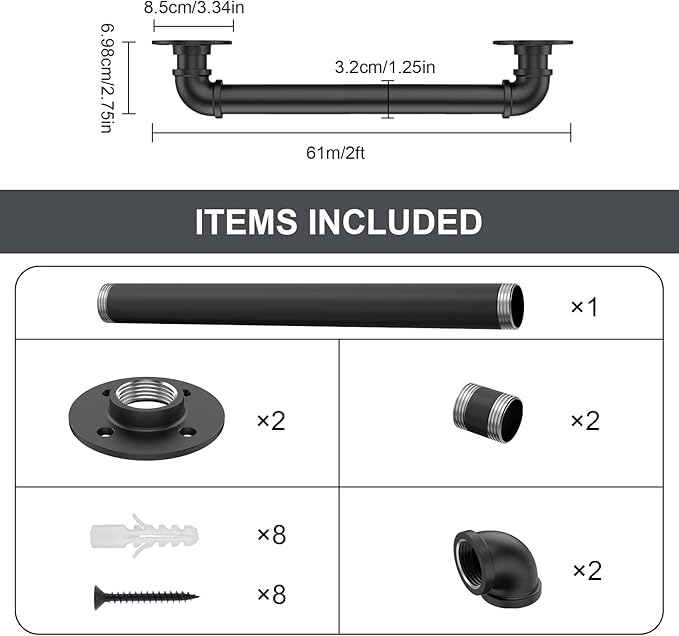 Willstar 2FT Industrial Staircase Handrail Non-Slip Pipe Bar Foot Rail Wall Mount Stair Rail Vintage Grab Bar for Steps Black Iron Pipe Handrail for Outdoor Indoor Stairs Loft Porch Hand Rail (2ft)