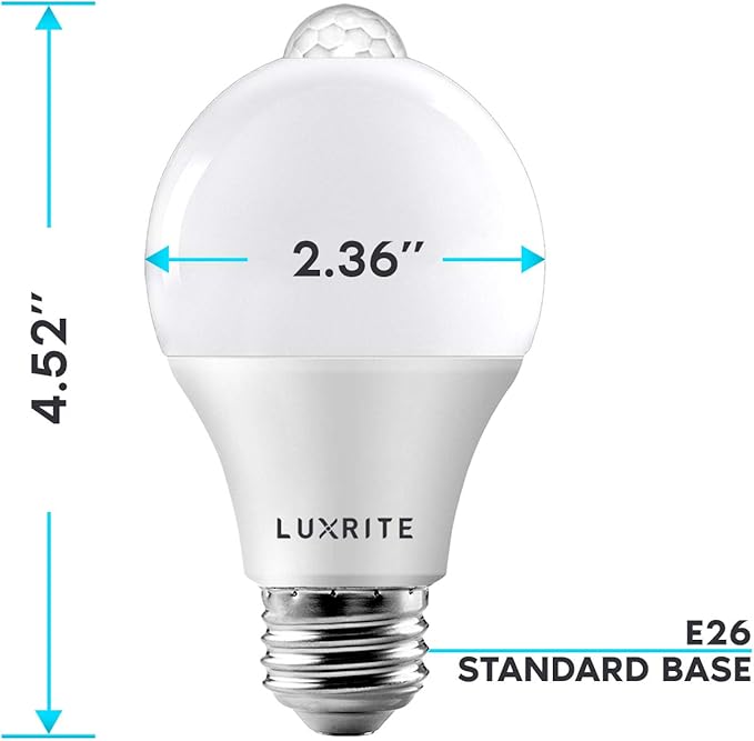 LUXRITE A19 LED Motion Sensor Light Bulbs, 60W Equivalent, Motion Activated Dusk to Dawn Sensor, 5000K Bright White, 800 Lumens, Security Light Bulb, Indoor/Outdoor, UL Listed, E26 Base (6 Pack)