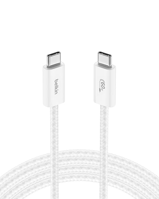 Belkin USB C to USB C Cable, 6.6ft, 60W - Type C Charger, iPhone Charger Cord, Soft, Braided, Flexible for iPhone 16, Galaxy S25, Pixel 9, Airpods, iPad Pro, Tablet & More, Travel Essentials - White