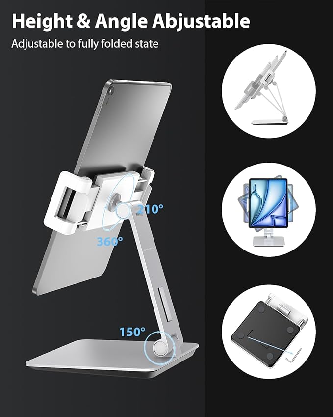 Maxonar Tablet Stand for Desk, 360° Adjustable Aluminum Alloy Swivel iPad Charging Tablet, iPad Pro Air Mini Tablet Holder for Bed Store POS Showcase Kitchen Office Drawing Desktop (6-13''), Silver