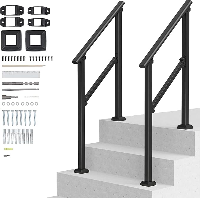 VEVOR Handrails for Outdoor Steps, 2 PCS 2 Step Stair Hand Rail Kit, Transitional Carbon Steel Railings with Installation Kit, Stair Rails for Seniors, Concrete & Porch & Deck, Black Square Tube