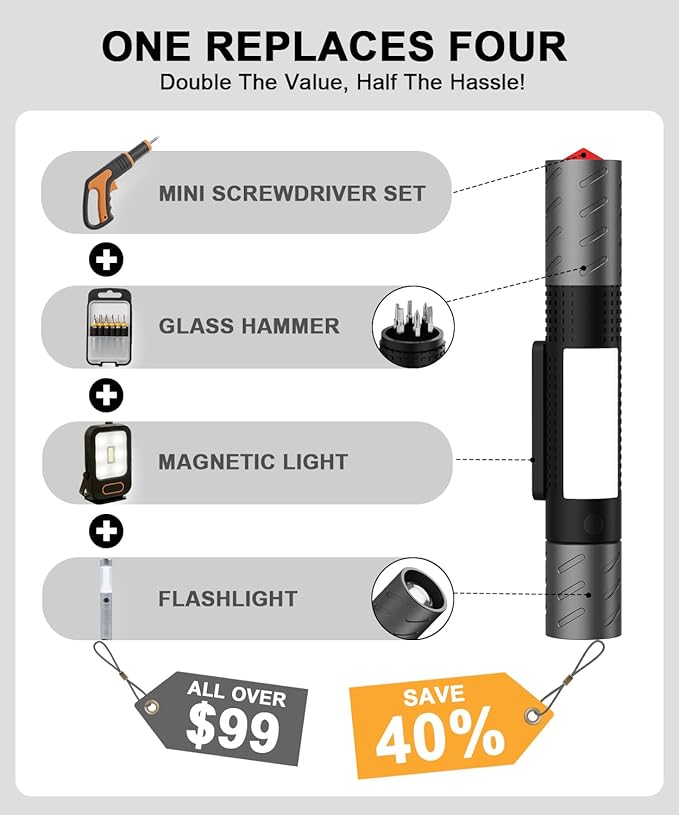 USB C Rechargeable Flashlight High Lumens-Super Bright Magnetic LED Flashlights with Screwdriver Set,Window Glass Breaker,COB Flash Light,7 Modes,Zoomable,Waterproof for Emergency Camping Car Repair