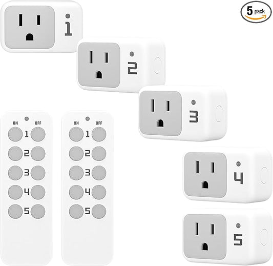 Wireless Remote Control Outlet, TESSAN Electrical Wall Plug with ON/Off Light Switch for Indoor String Lights, Lamps, Home Appliances, 100ft Range (2 Remotes + 5 Outlets)
