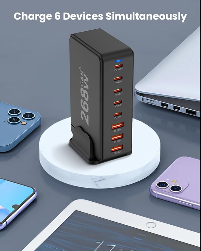 GEEKERA 268W 8-Port Fast Charging Station With 5 USB-C + 3 USB-A Ports, Portable Multiport Charging Block Wall Hub for iPhone 15 14 13 12 iPad Pro MacBook Galaxy Pixel Switch