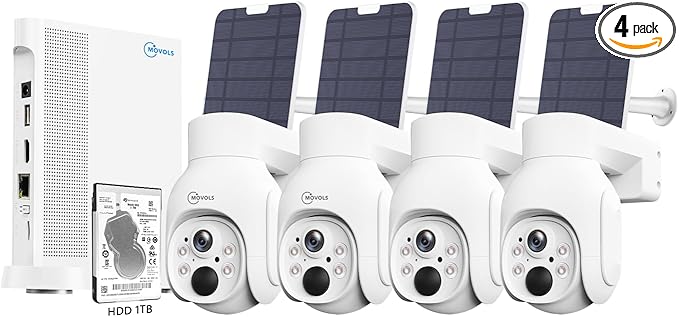Movols 4MP Solar Security Camera System 4PCS Wireless PTZ Cameras with 10CH 4K NVR Surveillance System Built in HDD 1T,Color Night Vision, Motion Alert, Two-Way Audio,IP66 Home Surveillance Nvr Kit