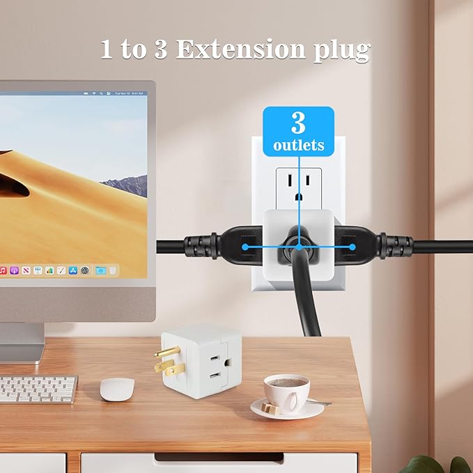 3 Outlet Wall Adapter,Multi Plug Wall Outlet Extender,3 Prong Plug Adapter-Grounded Wall Tap Power Plug Expander,3 Outlet Power Outlet Extender,Multiple Outlet Splitter,White,2-Pack
