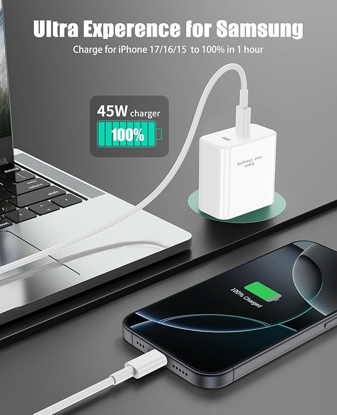 2Port 45W Fast Charger USB C for iPhone 17 16 15 Pro Max Plus,Type C i-Phone Charger Fast Charging Block with 6FT/10FT Type C Cord for iPhone 17 Air, iPhone 16 15,iPadPro,Samsung Galaxy S25+ Plus/S24+